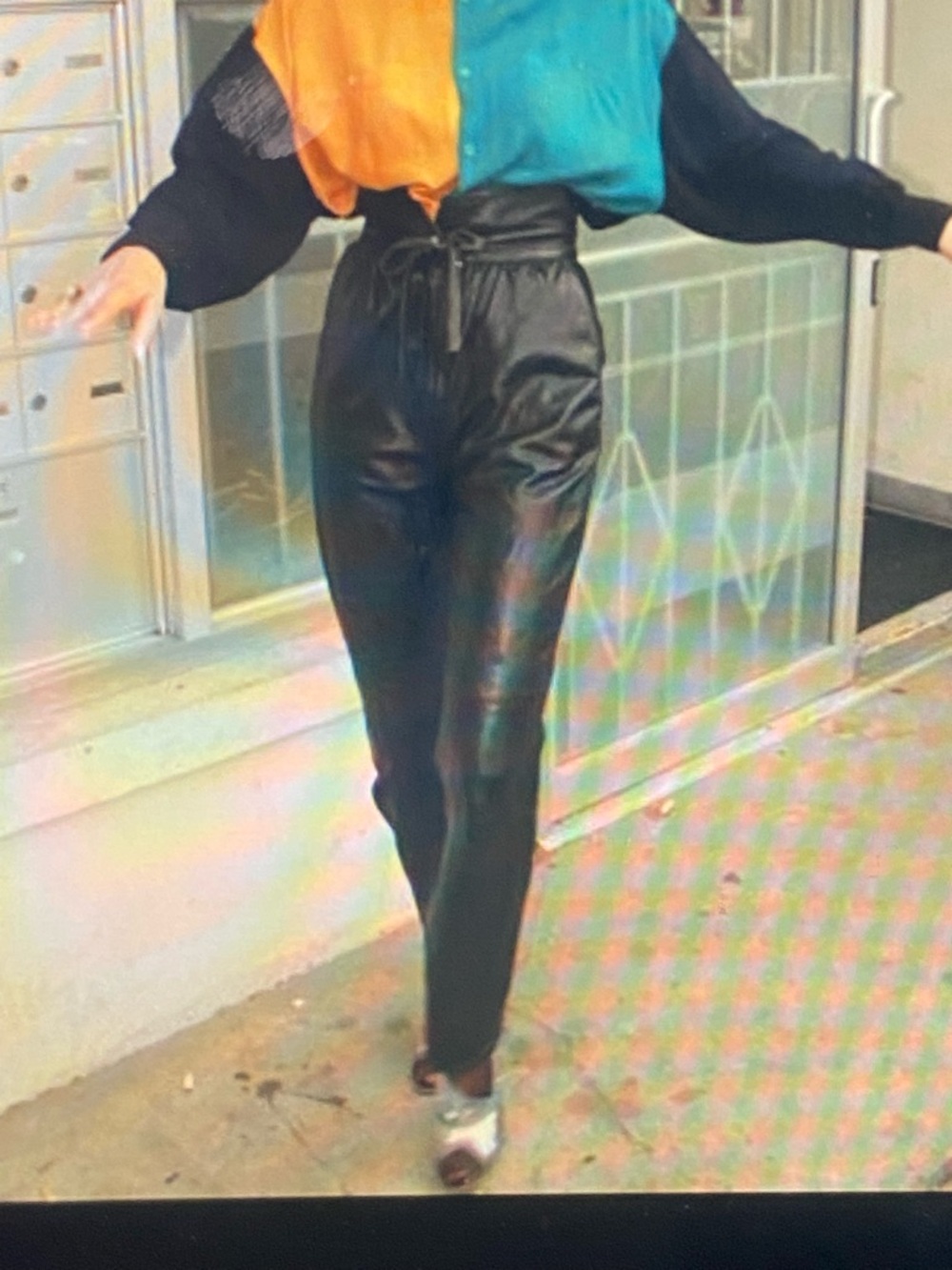 High-Waist Black Leather Paperbag Pants